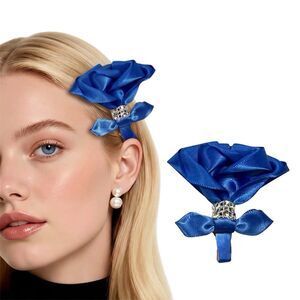 Handmade Satin Rose Hair Clip Blue Flower Bow Romantic Cottagecore 2.5 In